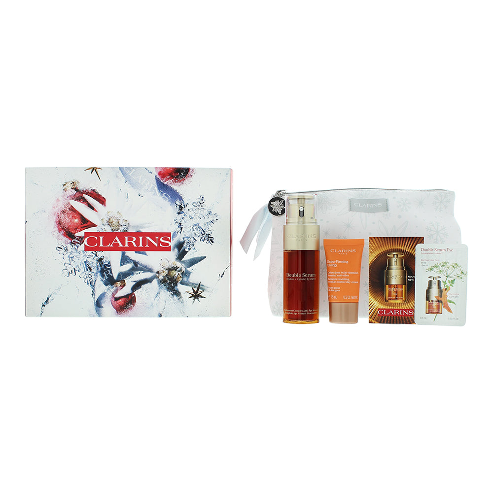 Clarins Energizing & Glow 3 Piece Gift Set: Double Serum 50ml - Day Cream 15ml - Double Eye Serum 7 x 09ml - Pouch