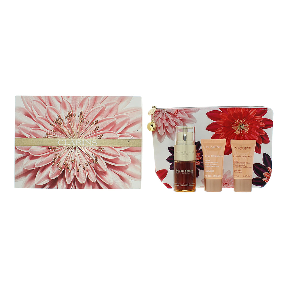Clarins Extra-Firming 3 Piece Gift Set: Double Serum 30ml - Day Cream 15ml - Night Cream 15ml- Pouch