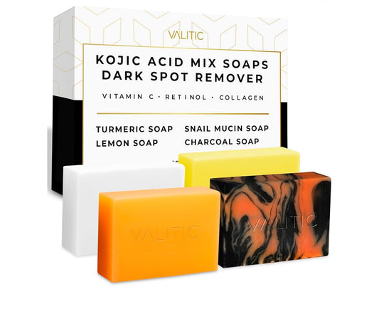 VALITIC Kojic Acid Soap Bars - Turmeric, Snail Mucin, Charcoal and Lemon - 4 Assorted Dark Spot Remover Soaps with Hyaluronic Acid, Vitamin C, Vitamin E and Shea Butter