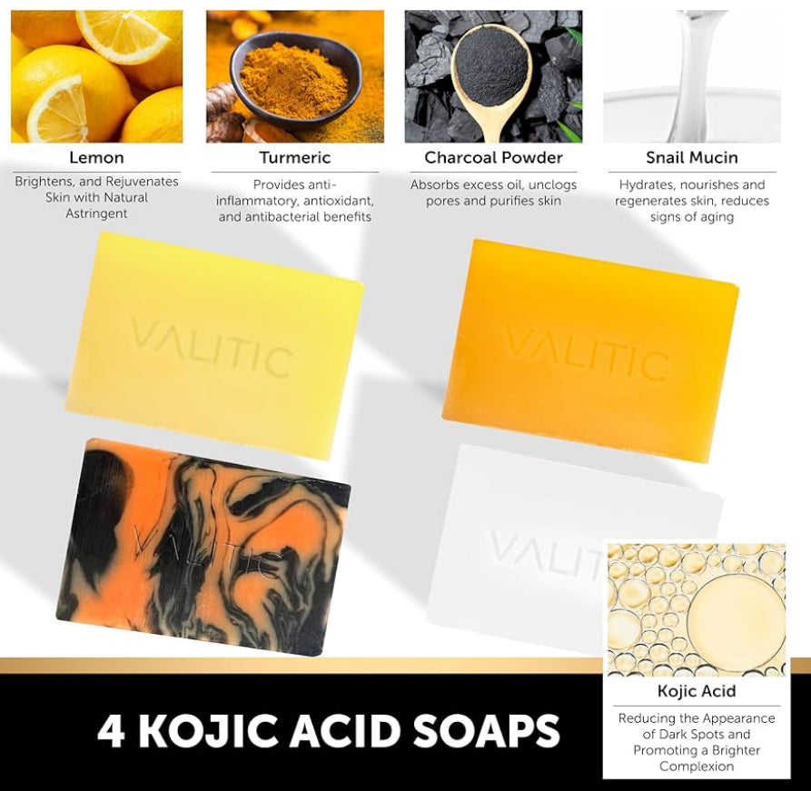 VALITIC Kojic Acid Soap Bars - Turmeric, Snail Mucin, Charcoal and Lemon - 4 Assorted Dark Spot Remover Soaps with Hyaluronic Acid, Vitamin C, Vitamin E and Shea Butter