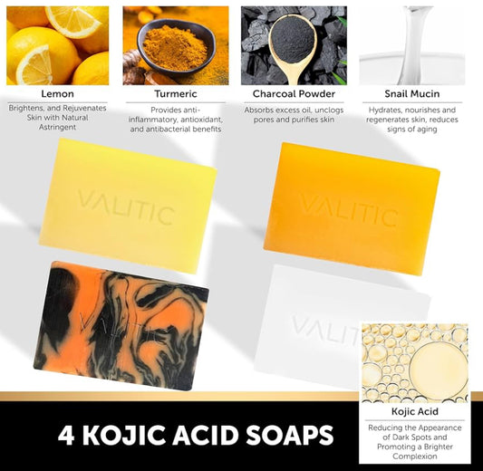 VALITIC Kojic Acid Soap Bars - Turmeric, Snail Mucin, Charcoal and Lemon - 4 Assorted Dark Spot Remover Soaps with Hyaluronic Acid, Vitamin C, Vitamin E and Shea Butter