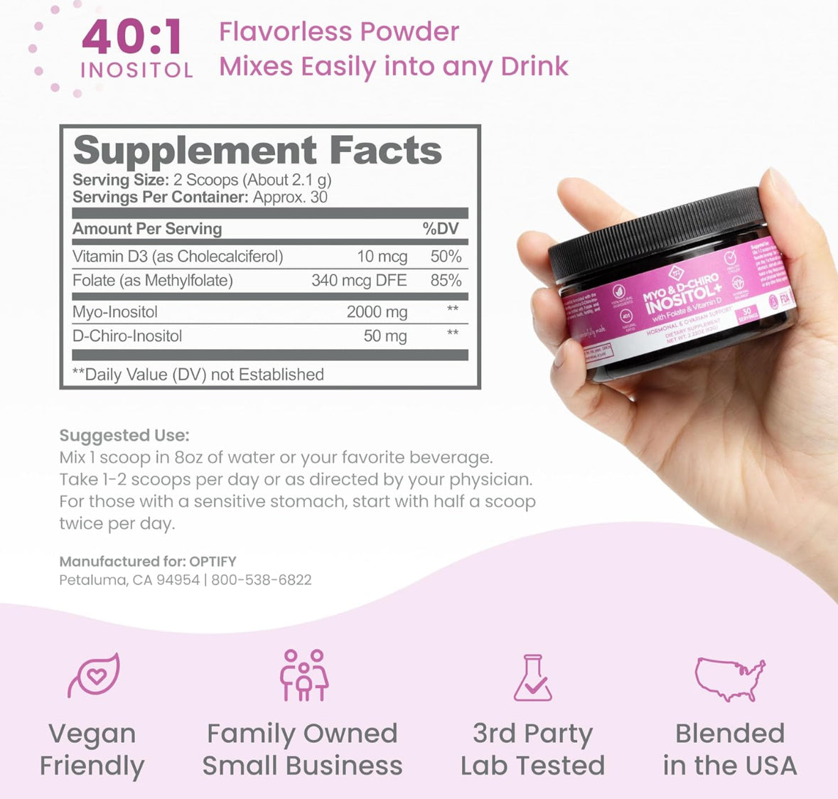 Optify Premium Inositol Supplement Myo-Inositol and D-Chiro Inositol Powder Plus Folate and Vitamin