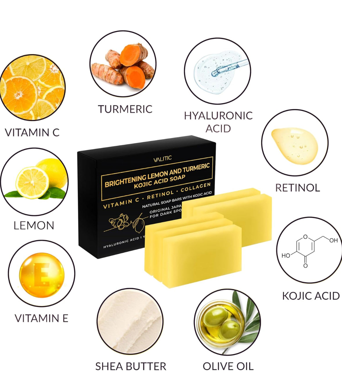 VALITIC Brightening Lemon & Turmeric Kojic Acid Soap with Vitamin C, Retinol, Collagen - 5 Pack