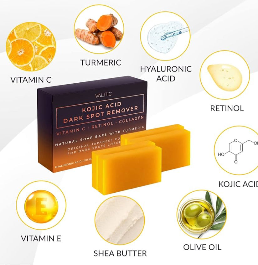 Valitic Kojic Acid Dark Spot Remover Soap Bar with Vitamin C, Retinol, Collagen, Turmeric