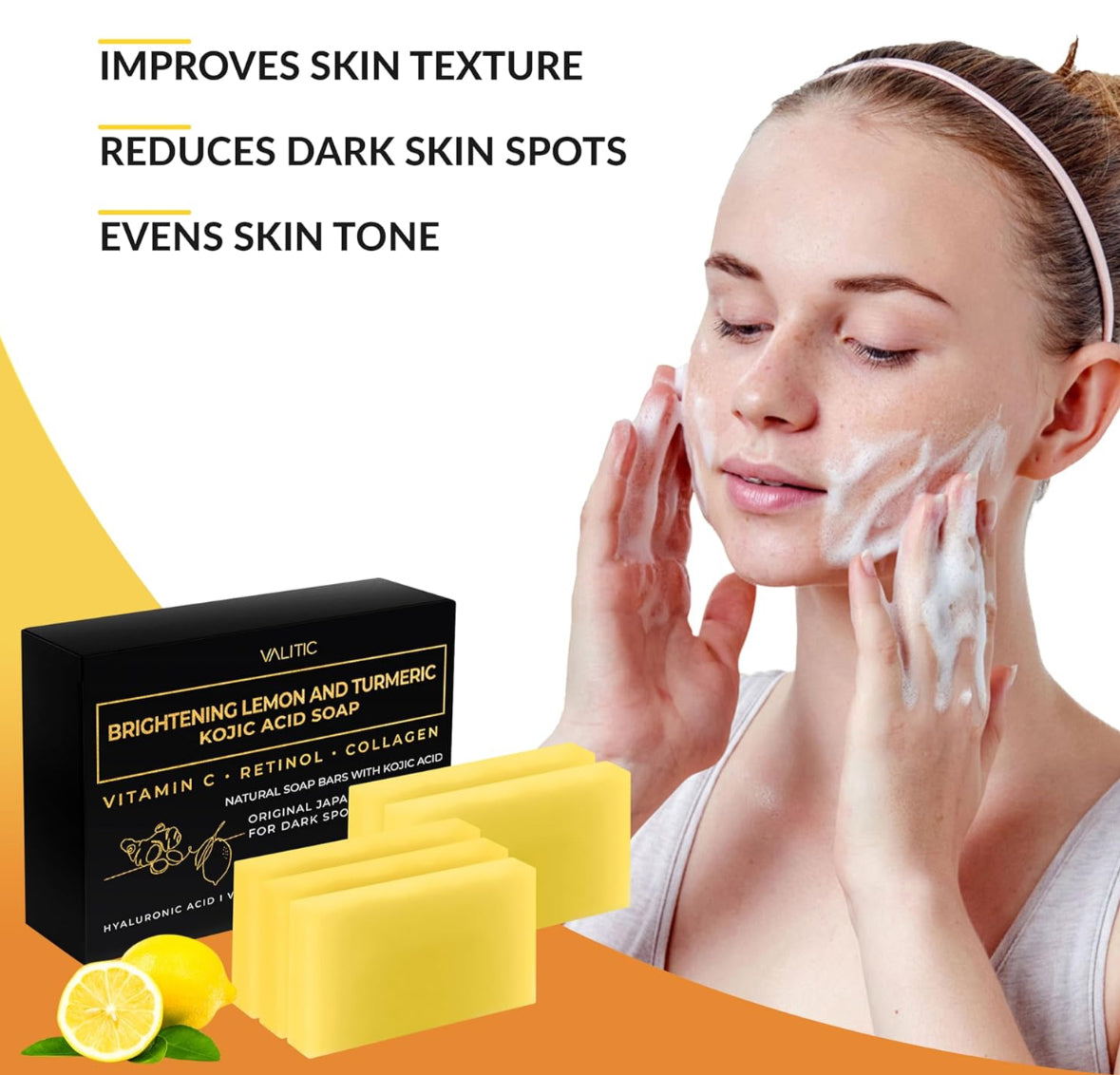 VALITIC Brightening Lemon & Turmeric Kojic Acid Soap with Vitamin C, Retinol, Collagen - 5 Pack