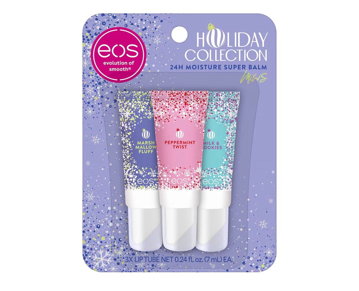 EOS Christmas 24H Moisture Mini Super Balm Set - Peppermint Twist, Milk & Cookies, Marshmallow Fluff - Limited Edition