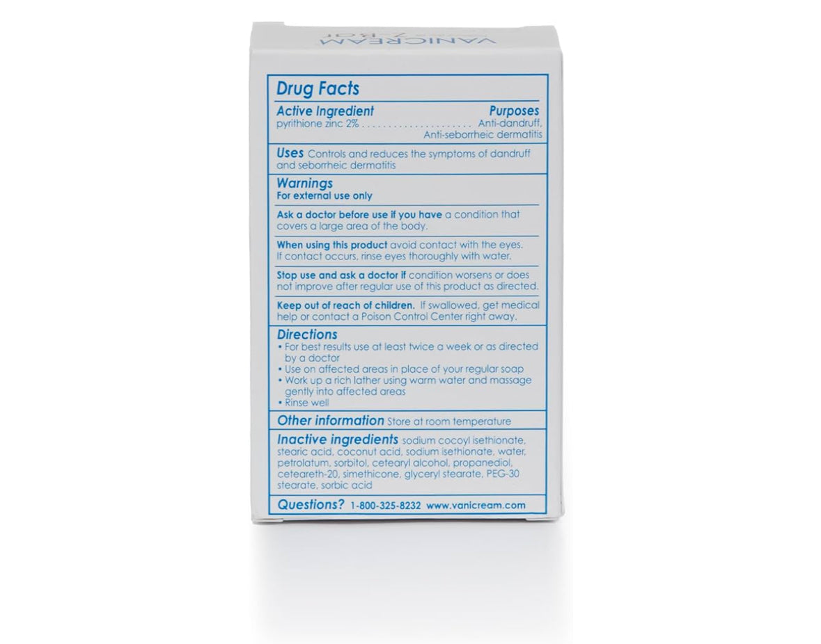 Vanicream Z-Bar Seborrheic Dermatitis & Anti-dandruff Medicated Cleansing Bar 2% Pyrithione Zinc