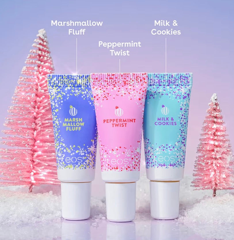 EOS Christmas 24H Moisture Mini Super Balm Set - Peppermint Twist, Milk & Cookies, Marshmallow Fluff - Limited Edition