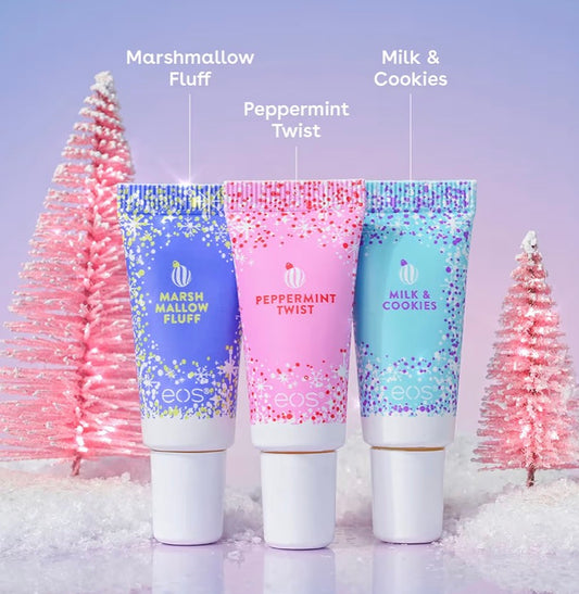EOS Christmas 24H Moisture Mini Super Balm Set - Peppermint Twist, Milk & Cookies, Marshmallow Fluff - Limited Edition